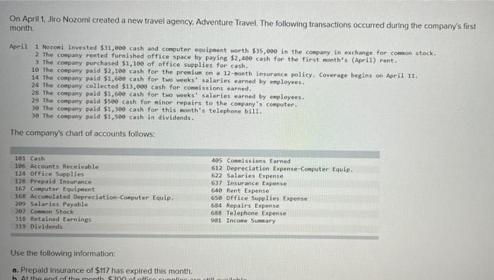 On April 1 Jiro Nozomi Created A New Travel Agency Adventure Travel The Following Transactions Occurred During The Co 1