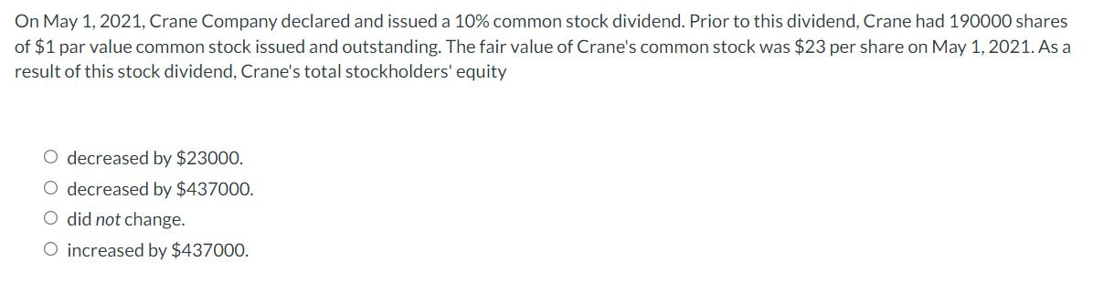 On May 1 2021 Crane Company Declared And Issued A 10 Common Stock Dividend Prior To This Dividend Crane Had 190000 1