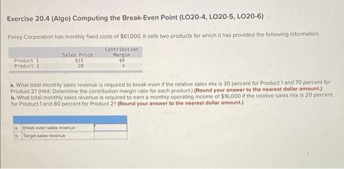 Exercise 20 4 Algo Computing The Break Even Point Lo20 4 Lo20 5 Lo20 6 Finley Corporation Has Monthly Fixed Costs 1