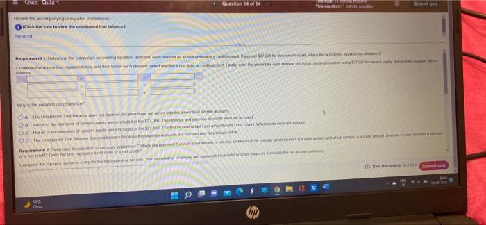 Quiz Quiz 1 Question 14 Of 14 Review The Accompanyeig Unbinhst Bil Ba Click The Icon To View The Unadjusted Trial Balan 1