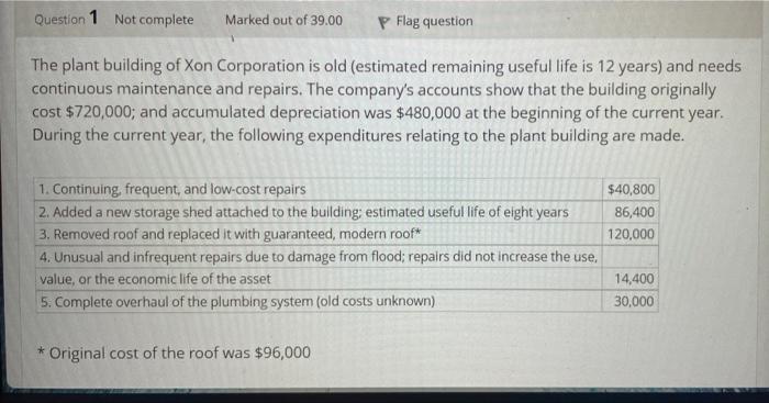 Question 1 Not Complete Marked Out Of 39 00 Pflag Question The Plant Building Of Xon Corporation Is Old Estimated Remai 1