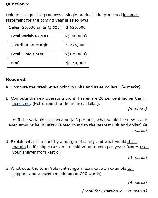 Question 2 Unique Designs Ltd Produces A Single Product The Projected Income Statement For The Coming Year Is As Follow 1