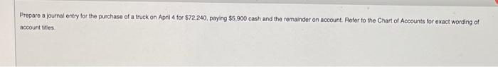 Prepare A Journal Entry For The Purchase Of A Truck On April 4 For 72 240 Paying 5 900 Cash And The Remainder On Acco 1