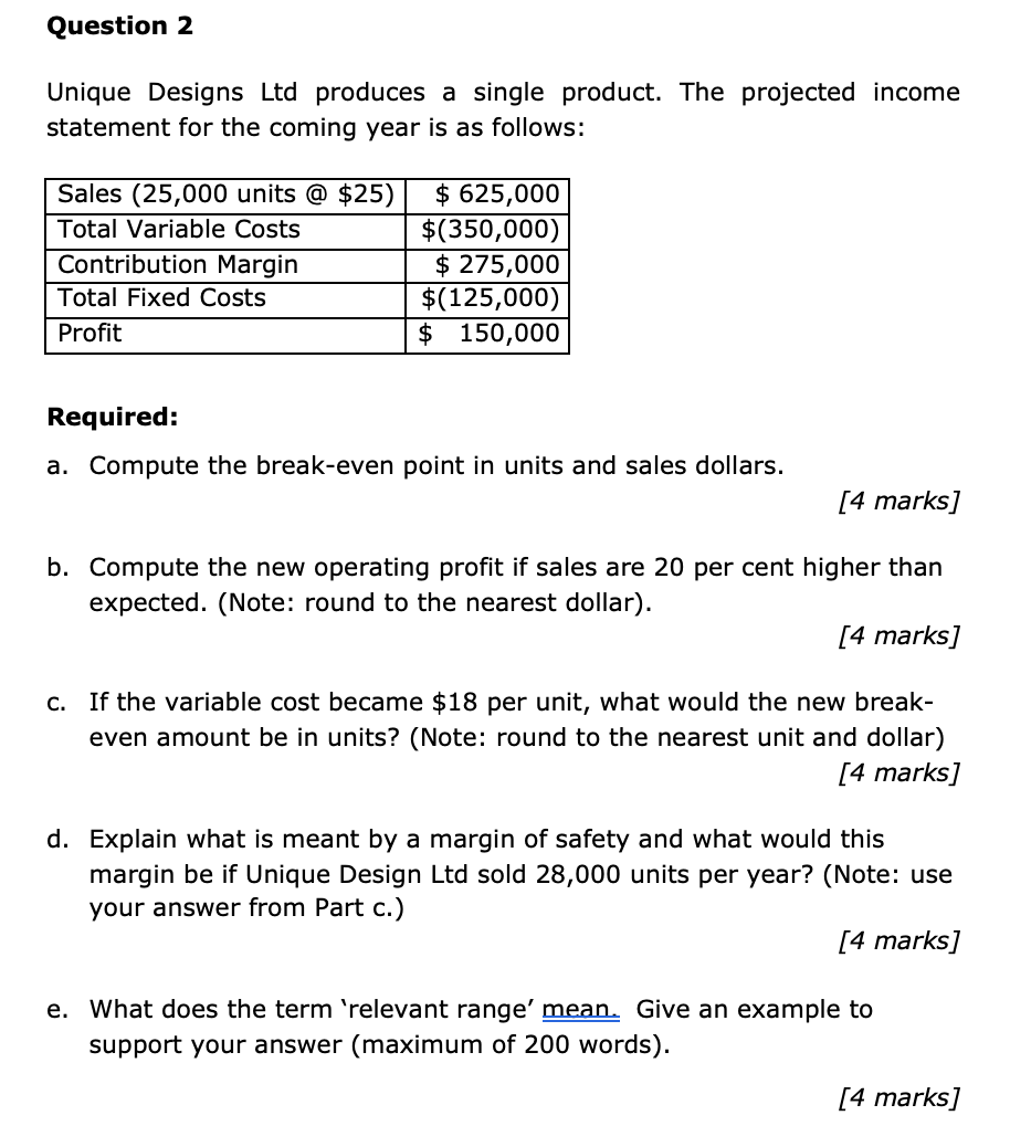 Question 2 Unique Designs Ltd Produces A Single Product The Projected Income Statement For The Coming Year Is As Follow 1