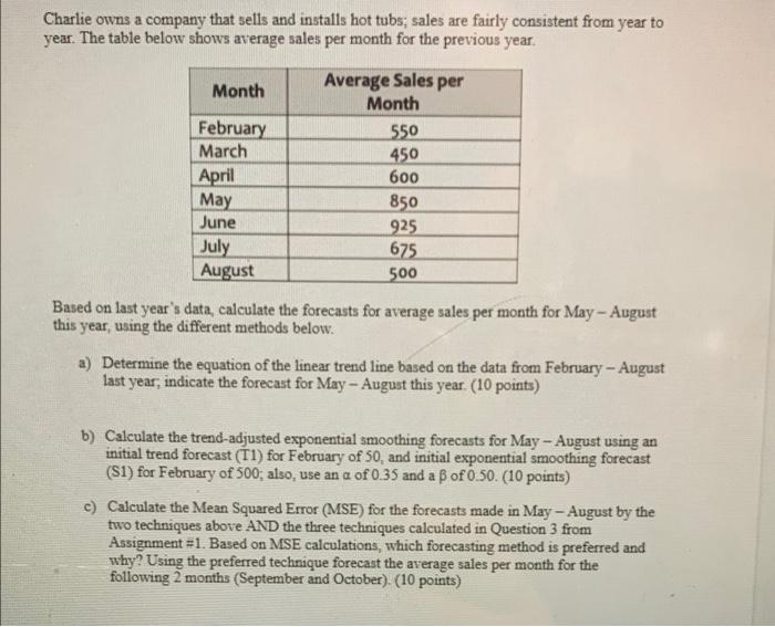 Charlie Owns A Company That Sells And Installs Hot Tubs Sales Are Fairly Consistent From Year To Year The Table Below 1