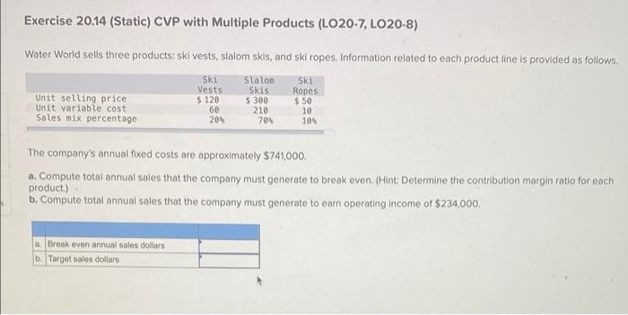 Exercise 20 14 Static Cvp With Multiple Products Lo20 7 Lo20 8 Water World Sells Three Products Ski Vests Slalom 1