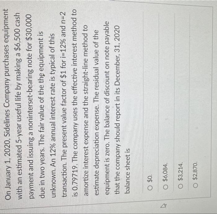 H On January 1 2020 Sidelines Company Purchases Equipment With An Estimated 5 Year Useful Life By Making A 6 500 Cash 1
