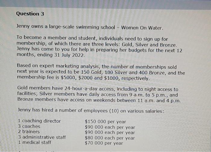 Question 3 Jenny Owns A Large Scale Swimming School Women On Water To Become A Member And Student Individuals Need T 1