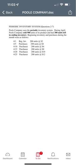 11 03 Back Poole Company Doc Periodic Inventory System Questions 2 7 Poole Company Uses The Periodic Inventory System 1