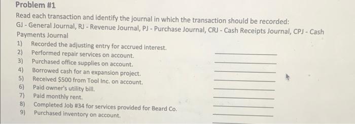Problem 1 Read Each Transaction And Identify The Journal In Which The Transaction Should Be Recorded Gj General Journa 1