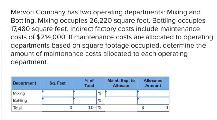 Mervon Company Has Two Operating Departments Mixing And Bottling Mixing Occupies 26 220 Square Feet Bottling Occupies 1