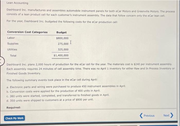 Lean Accounting Dashboard Inc Manufactures And Assembles Automobile Instrument Panels For Both Ecar Motors And Greenvil 1