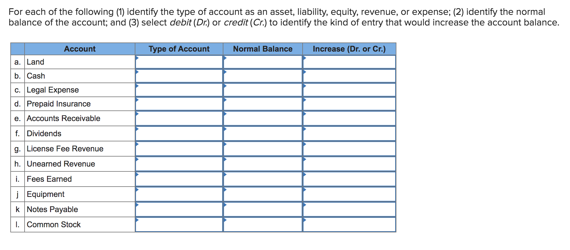 For Each Of The Following 1 Identify The Type Of Account As An Asset Liability Equity Revenue Or Expense 2 Iden 1