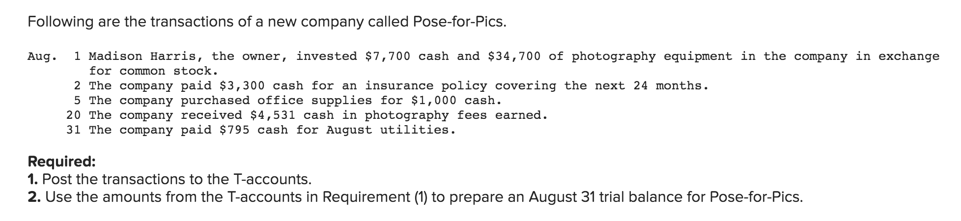 Following Are The Transactions Of A New Company Called Pose For Pics Aug 1 Madison Harris The Owner Invested 7 700 1