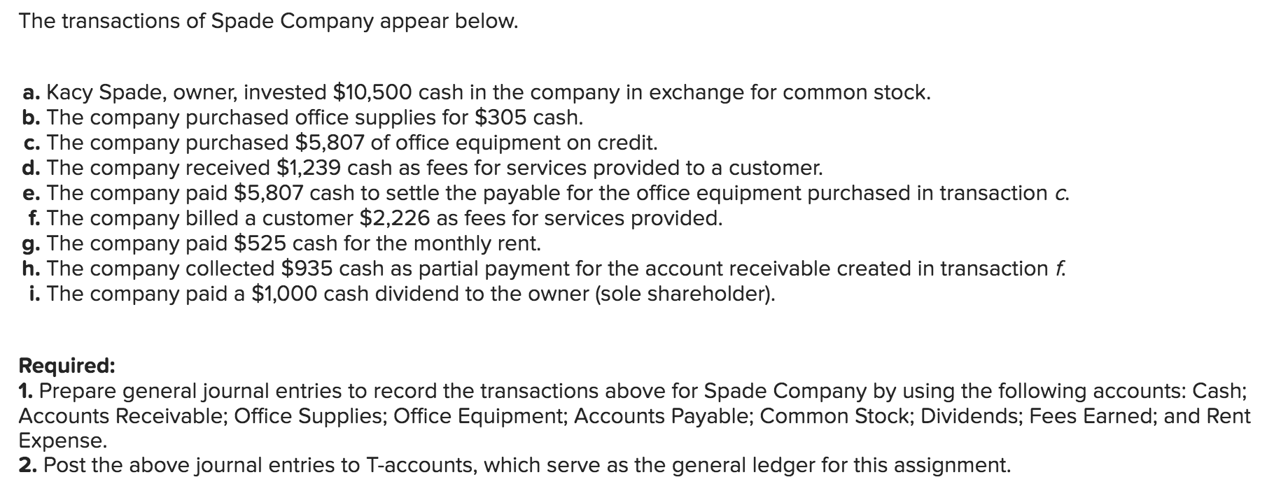The Transactions Of Spade Company Appear Below A Kacy Spade Owner Invested 10 500 Cash In The Company In Exchange F 1