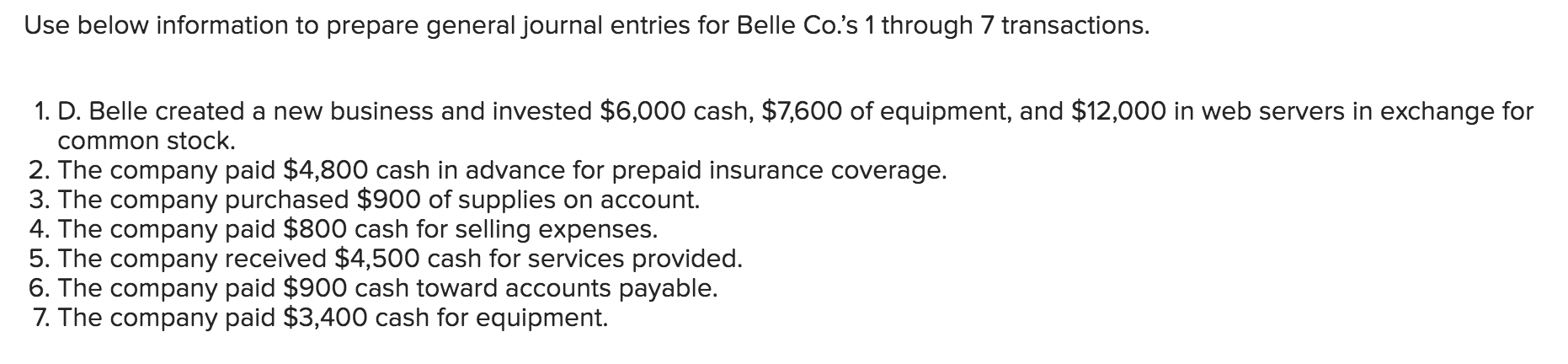Use Below Information To Prepare General Journal Entries For Belle Co S 1 Through 7 Transactions 1 D Belle Created A 1