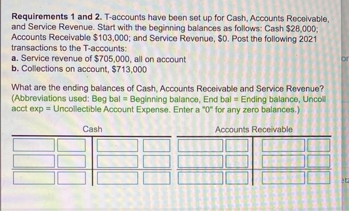 Requirements 1 And 2 T Accounts Have Been Set Up For Cash Accounts Receivable And Service Revenue Start With The Beg 1