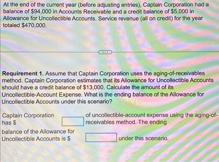 At The End Of The Current Year Before Adjusting Entries Captain Corporation Had A Balance Of 94 000 In Accounts Rece 1