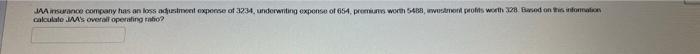 Jaa Insurance Company Has An Loss Adjustment Expense Of 3234 Underwriting Expense Of 654 Premiums Worth 5488 Investme 1