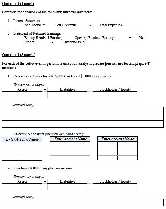 Question 1 1 Mark Complete The Equations Of The Following Financial Statements 1 Income Statement Net Income Tota 1