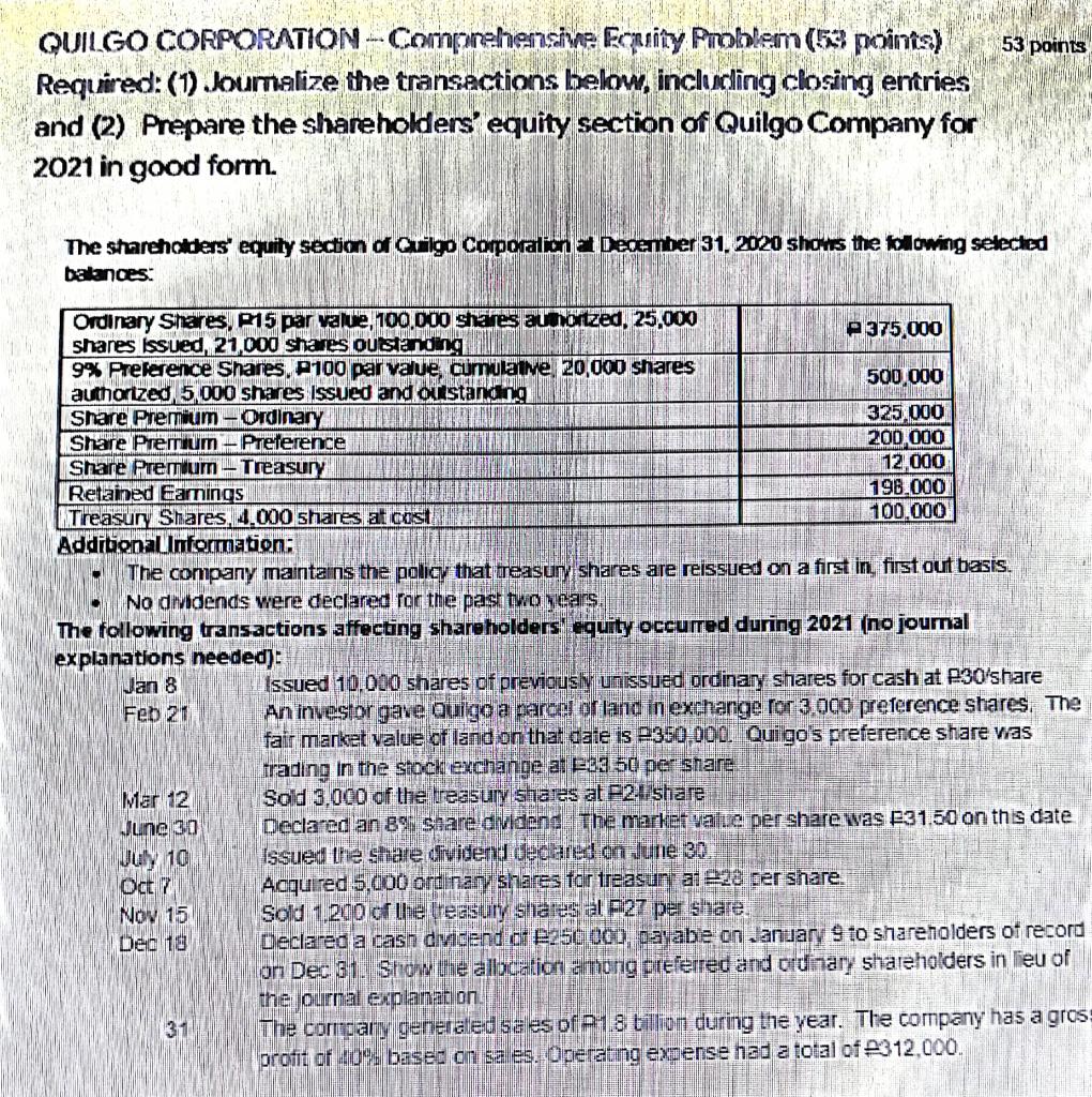 Equity Problem 53 Points Quilgo Corporation Comprehensive Required 1 Journalize The Transactions Below Including C 1