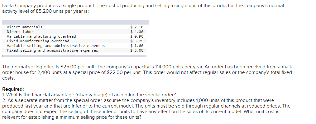 Delta Company Produces A Single Product The Cost Of Producing And Selling A Single Unit Of This Product At The Company 1