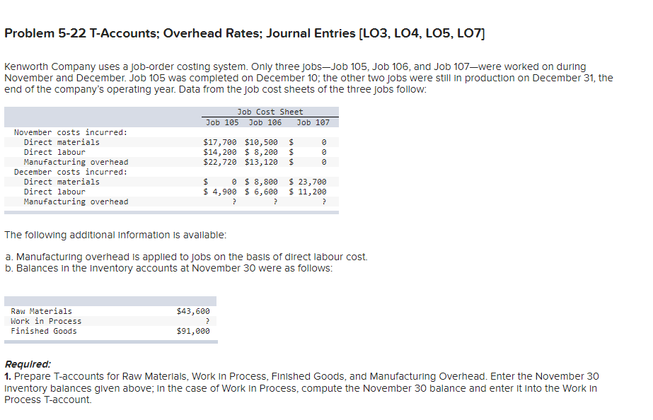 Problem 5 22 T Accounts Overhead Rates Journal Entries Lo3 Lo4 Lo5 Lo7 Kenworth Company Uses A Job Order Costing 1