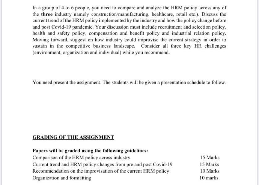 In A Group Of 4 To 6 People You Need To Compare And Analyze The Hrm Policy Across Any Of The Three Industry Namely Cons 1