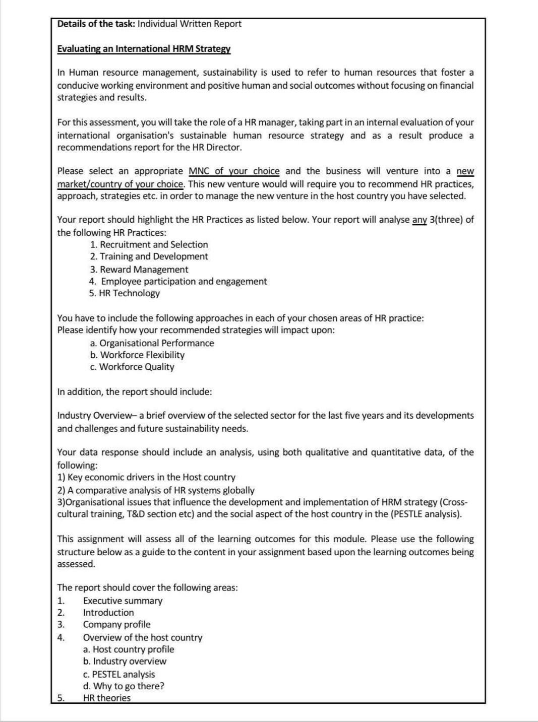 Details Of The Task Individual Written Report Evaluating An International Hrm Strategy In Human Resource Management Su 7