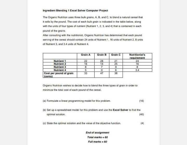 Ingredient Blending 1 Excel Solver Computer Project The Organic Nutrition Uses Three Bulk Grains A B And C To Blend 1