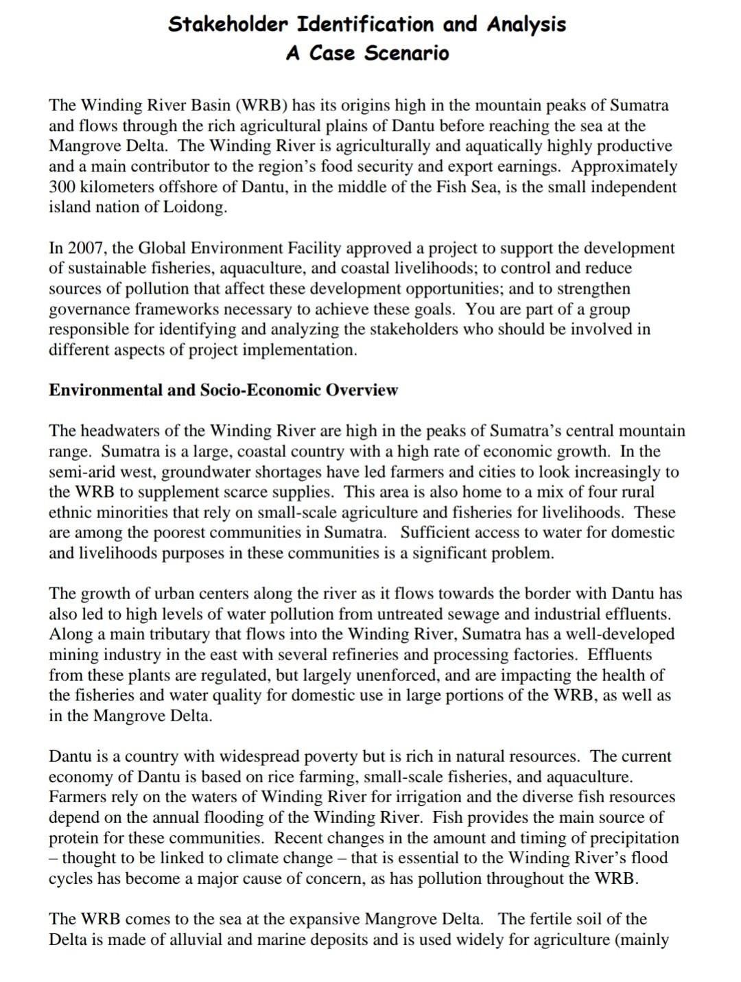 Stakeholder Identification And Analysis A Case Scenario The Winding River Basin Wrb Has Its Origins High In The Moun 1
