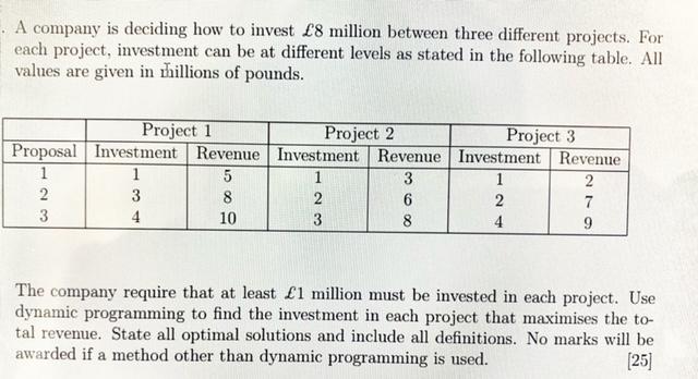 A Company Is Deciding How To Invest 8 Million Between Three Different Projects For Each Project Investment Can Be At 1