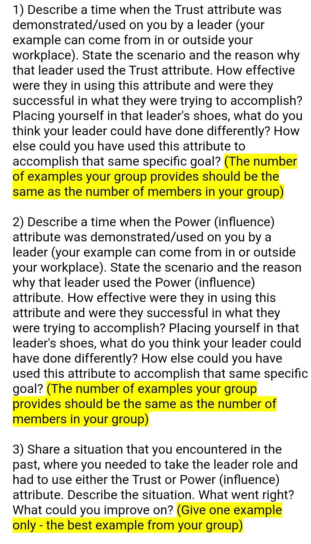 1 Describe A Time When The Trust Attribute Was Demonstrated Used On You By A Leader Your Example Can Come From In Or O 1