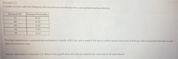 Scenario C 3 Consider An Item With The Following Discrete Demand Distribution For A One Period Inventory Decision Deman 1
