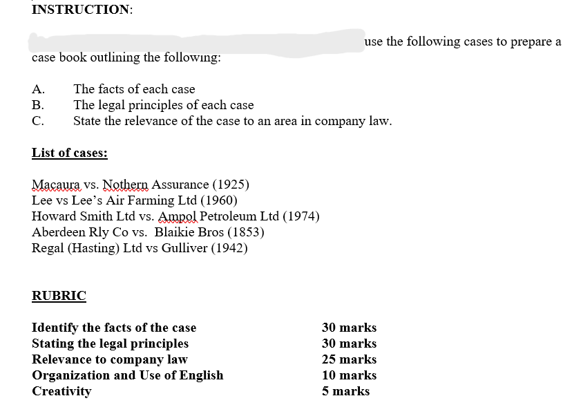 Instruction Case Book Outlining The Following A The Facts Of Each Case B The Legal Principles Of Each Case C State 1