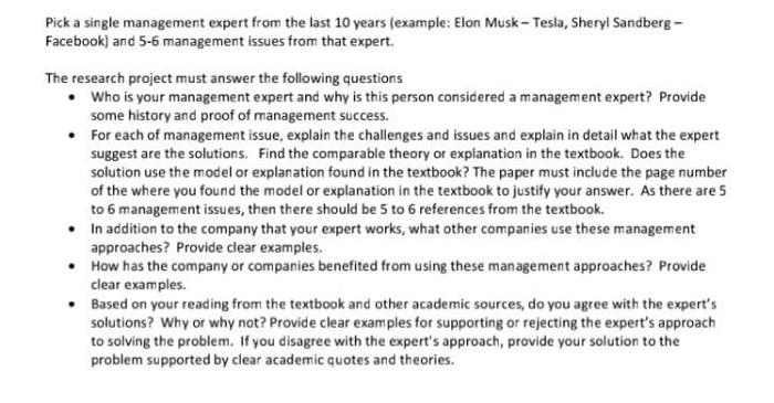 Pick A Single Management Expert From The Last 10 Years Example Elon Musk Tesla Sheryl Sandberg Facebook And 5 6 2