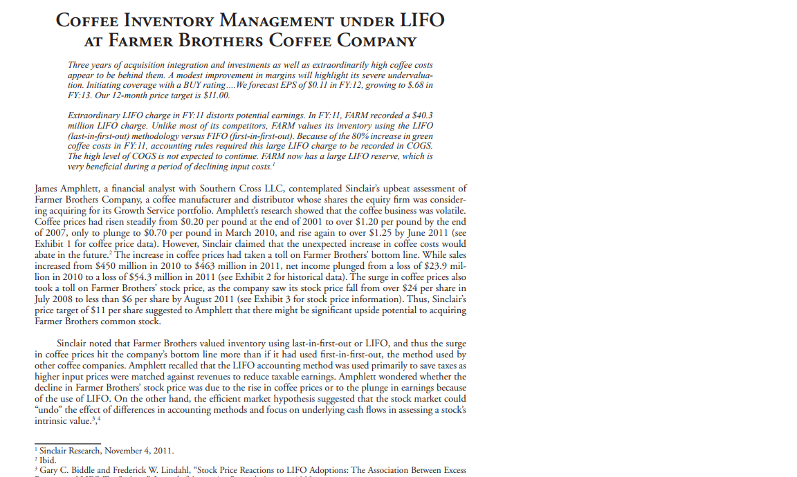 Case Study Coffee Inventory Management Under Lifo At Farmer Brothers Coffee Company Under Commodity Price Risk See Foot 1