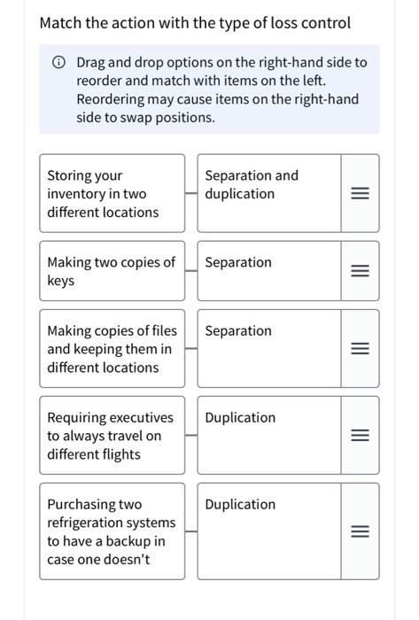 Match The Action With The Type Of Loss Control Drag And Drop Options On The Right Hand Side To Reorder And Match With It 1