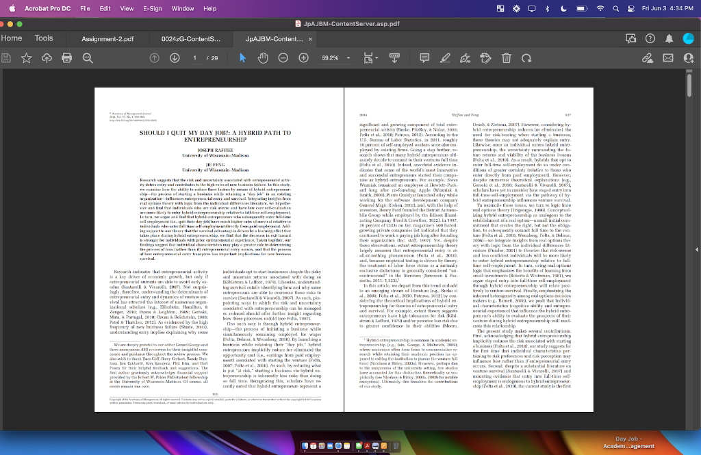 Acrobat Pro Dc File Edit View E Sign Window Help Assignment 2 Pdf 0024zg Contents Q 1 29 Should I Quit My Day Job 1