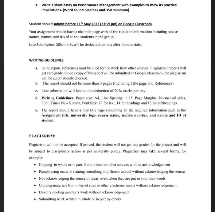 1 Write A Short Essay On Performance Management With Examples To Show Its Practical Implications Word Count 500 Max 1