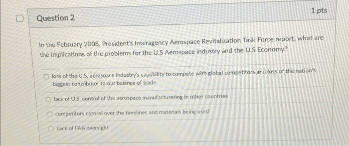 D 1 Pts Question 2 In The February 2008 President S Interagency Aerospace Revitalization Task Force Report What Are Th 1