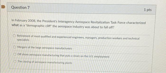 D 1 Pts Question 2 In The February 2008 President S Interagency Aerospace Revitalization Task Force Report What Are Th 5