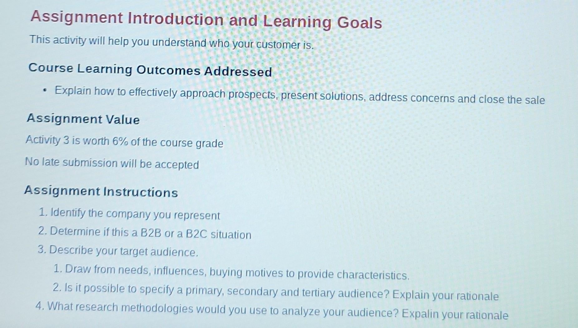 Assignment Introduction And Learning Goals This Activity Will Help You Understand Who Your Customer Is Course Learning 1