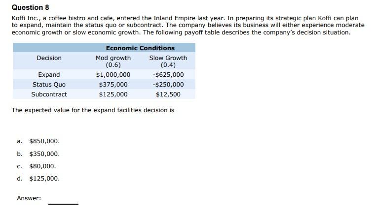 Question 8 Koffi Inc A Coffee Bistro And Cafe Entered The Inland Empire Last Year In Preparing Its Strategic Plan Ko 1