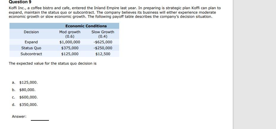 Question 9 Koffi Inc A Coffee Bistro And Cafe Entered The Inland Empire Last Year In Preparing Is Strategic Plan Kof 1