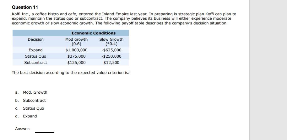 Question 11 Koffi Inc A Coffee Bistro And Cafe Entered The Inland Empire Last Year In Preparing Is Strategic Plan Ko 1