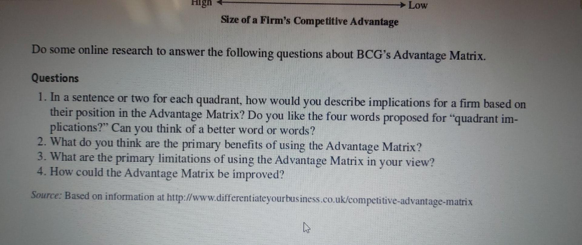 High Low Size Of A Firm S Competitive Advantage Do Some Online Research To Answer The Following Questions About Bcg S Ad 3