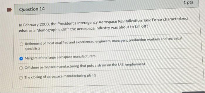 Question 1 1 Pts Why Can Some Jobs In The U S Aerospace Industry Not Be Outsourced Overseas O Security Concerns Of Spa 3
