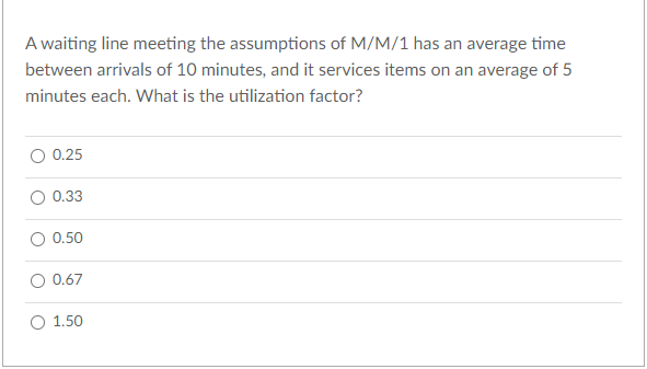 A Waiting Line Meeting The Assumptions Of M M 1 Has An Average Time Between Arrivals Of 10 Minutes And It Services Item 1