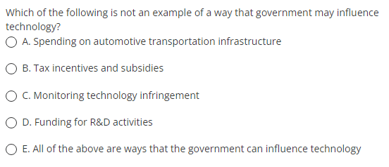 Which Of The Following Is Not An Example Of A Way That Government May Influence Technology O A Spending On Automotive 1